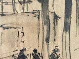 a drawing of people sitting on a bench under a tree