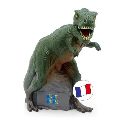 un dinosaure assis sur un rocher à côté d'une horloge