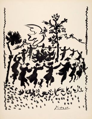 un dessin en noir et blanc représentant un groupe de personnes dans une forêt