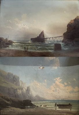 deux photos d'un tableau représentant une plage et un pont