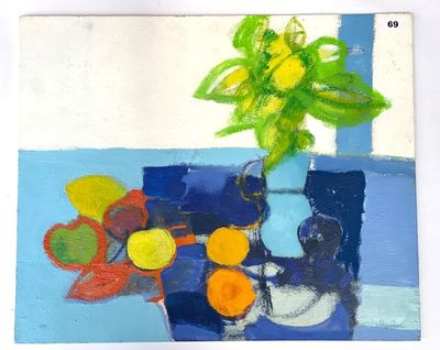 une peinture représentant un vase de fleurs sur une table