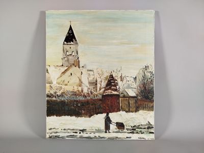 tableau représentant une personne promenant son chien dans la neige, avec une église en arrière-plan