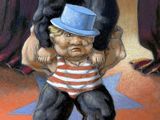 a painting of a man carrying a child on his shoulders