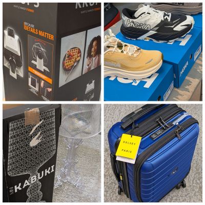 plusieurs photos différentes d'une valise bleue et d'une paire de chaussures