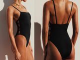 two photos of a woman in a black one piece swimsuit standing next to a white wall