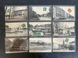 several old black and white photos of a town with a horse drawn carriage