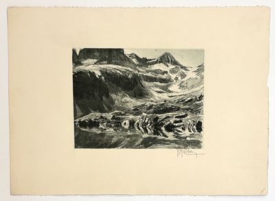 an old black and white photo of a mountain range with snow