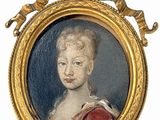 portrait d'une jeune fille en robe rouge, dans un cadre doré