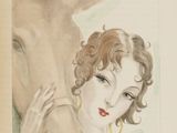 tableau représentant une femme et un âne, peint par une femme vêtue d'une robe rose