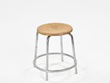 a close up of a stool with a wooden seat on a white background