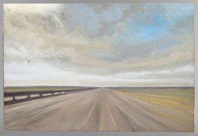 an oil painting of a dirt road with a cloudy sky in the background