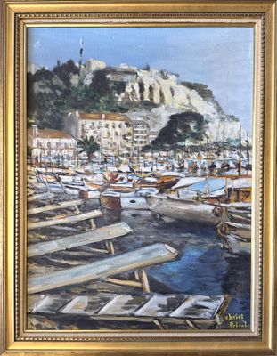 a painting of boats in a harbor with a castle in the background