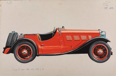 drawing of an old red car with a black top and red tires