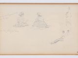 drawing of three children sitting on the ground, one holding a baseball bat and the other sitting on the ground