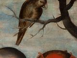a painting of a man with a parrot on his head