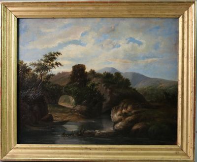 une peinture à l'huile représentant une rivière avec un pont et des montagnes en arrière-plan