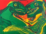 an image of a painting of two frogs on a red and green background