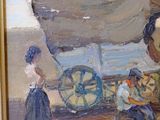 a painting of a horse drawn carriage with people on it