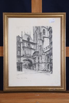 framed drawing of a building with a clock on the front of it