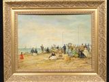 an oil painting of a group of people on a beach by the ocean
