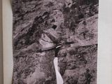 a black and white photo of a waterfall in the mountains