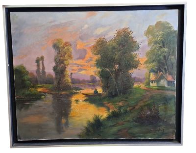 tableau représentant un coucher de soleil sur une rivière, avec une maison et des arbres