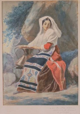 an image of a painting of a woman sitting on a rock
