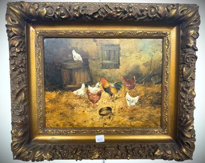 painting of chickens and chickens in a barn by a window