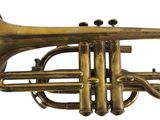 an old brass trumpet is shown against a white background