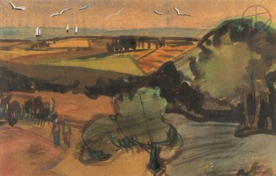 an image of a painting of a man riding a bike down a road