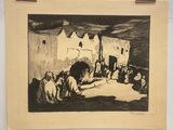 drawing of a group of people sitting around a fireplace in a room