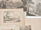 several old books with drawings of a landscape and a man riding a horse