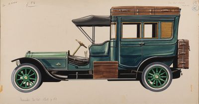 drawing of an old green car with a brown roof and wooden trim