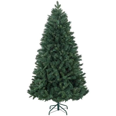 a green christmas tree on a stand against a white background