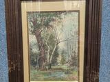 a painting of a wooded scene with trees in the background