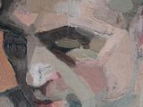 an oil painting of a man in a white shirt looking at his cell phone