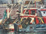 tableau représentant un groupe de bateaux amarrés dans un port par temps nuageux