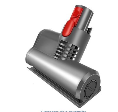 un gros plan d'un aspirateur avec une poignée rouge sur fond blanc