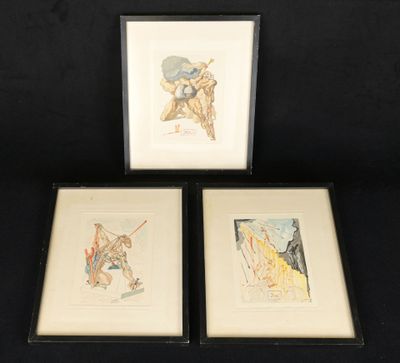 trois reproductions encadrées représentant un homme et une femme à cheval