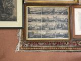 many framed pictures on the wall of this room