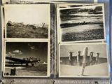 several old black and white photos of a plane in a field