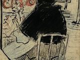 dessin représentant une femme assise à une table, avec des fleurs devant elle