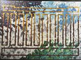 a painting of a fence with a tree in the background