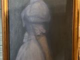 a painting of a woman in a white dress in a gold frame