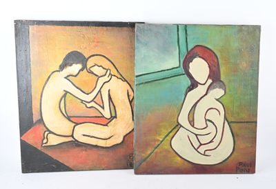 tableau représentant deux tableaux : l'un d'une femme et l'autre d'un homme assis par terre