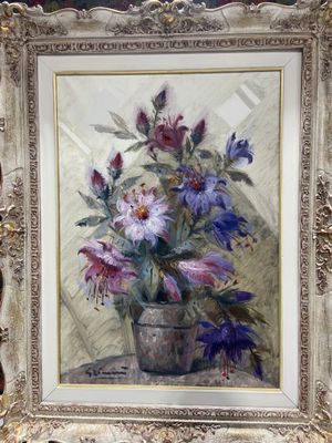 a picture of a painting of flowers in a vase