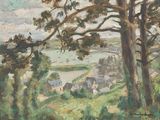 an image of a painting of a landscape with trees and houses