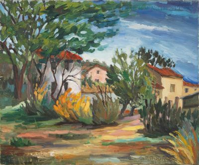 une image d'une peinture représentant une maison et des arbres dans un champ