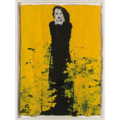 un tableau représentant une femme debout dans un champ de fleurs jaunes