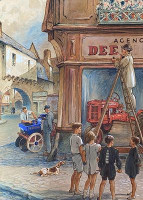 un tableau représentant un homme sur une échelle devant une épicerie fine